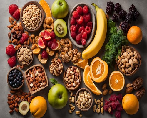 Assortment of fresh fruits, vegetables, and nuts